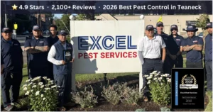 Excel Pest Services team standing outside their Teaneck, NJ office holding a 2026 Best of Business Rate award for pest control services, 4.9 stars with 2,100+ reviews